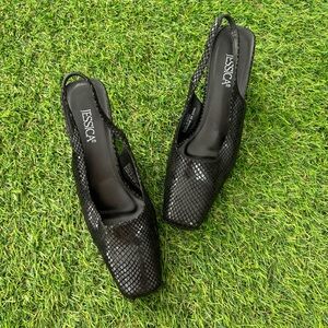 Jessica Size 7 Black Sparkly Leather Slingback 3 Inch Kitten Heels